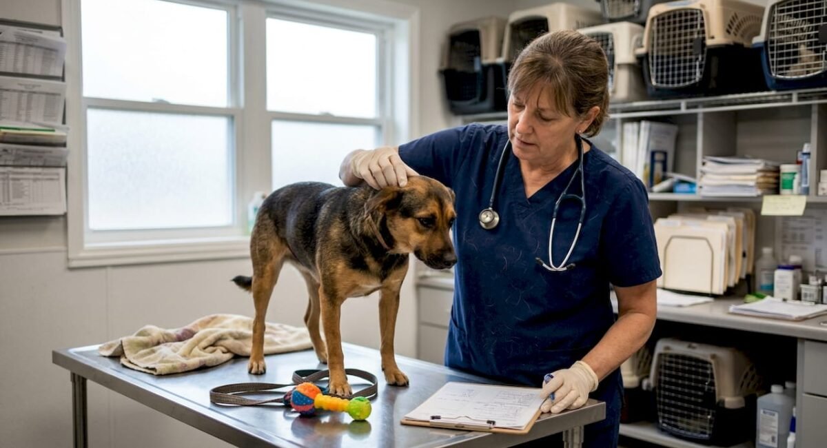 Veterinarian assesses shelter dog in intake room