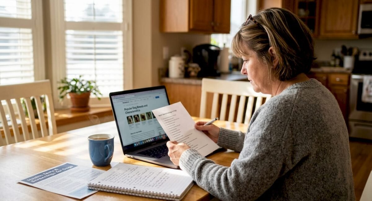 Woman researching reputable dog breeders at home