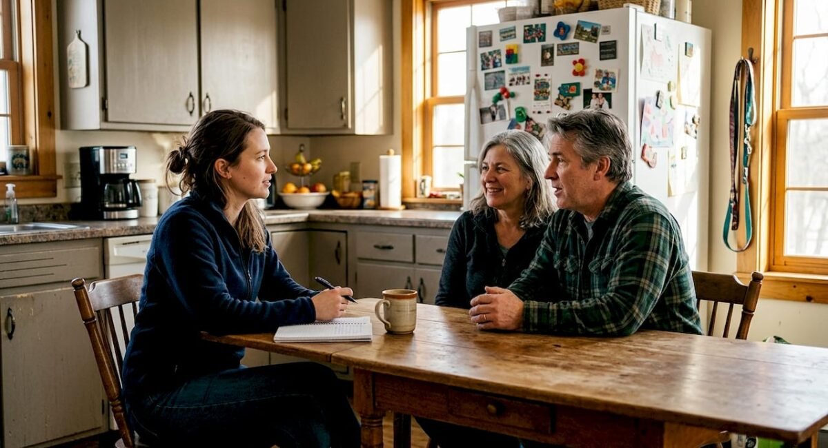Prospective owner interviews breeders at farmhouse table