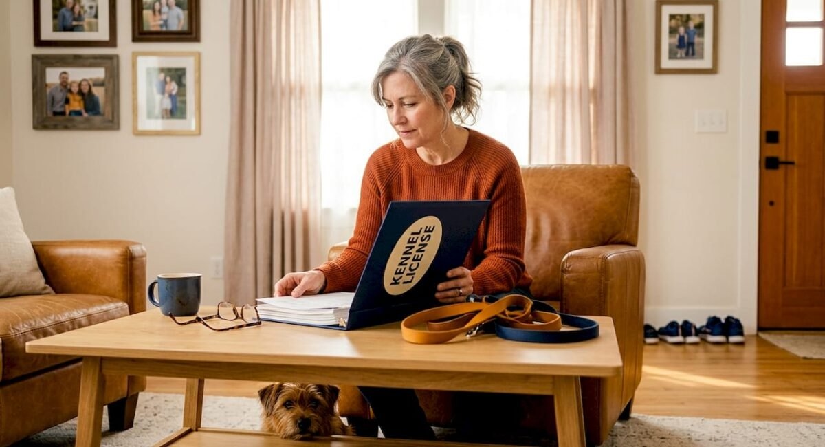 Breeder reviewing kennel license in home