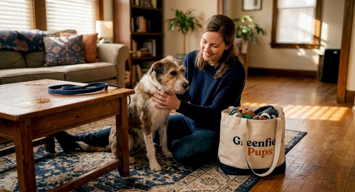 Woman comforting dog in comfortable home