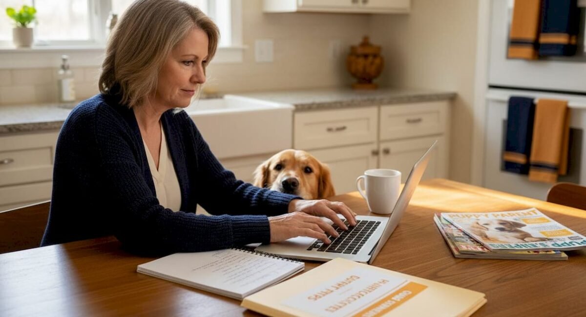 Dog breeder working at kitchen table with laptop