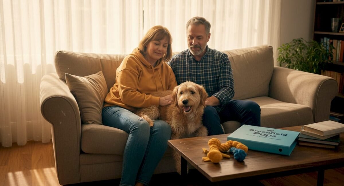 Couple and dog relaxing in living room
