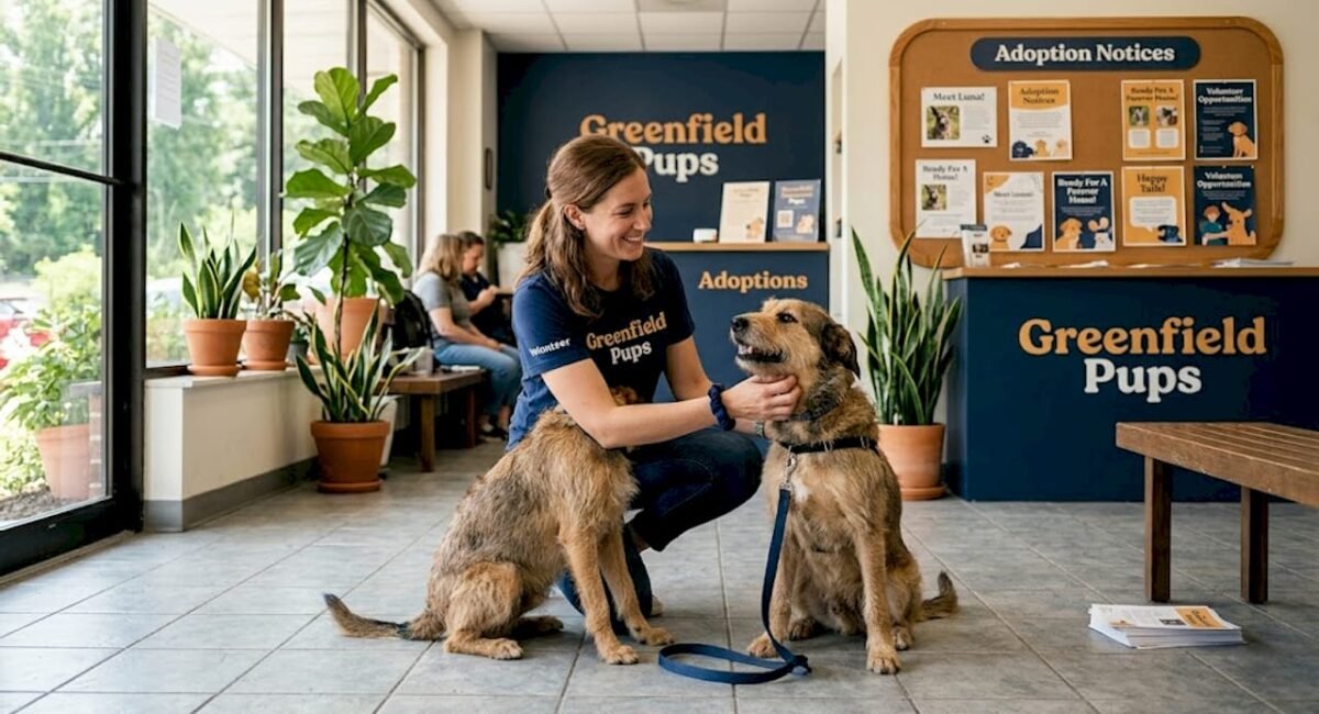 Shelter volunteer kneeling with adoptable dog
