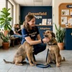 Shelter volunteer kneeling with adoptable dog