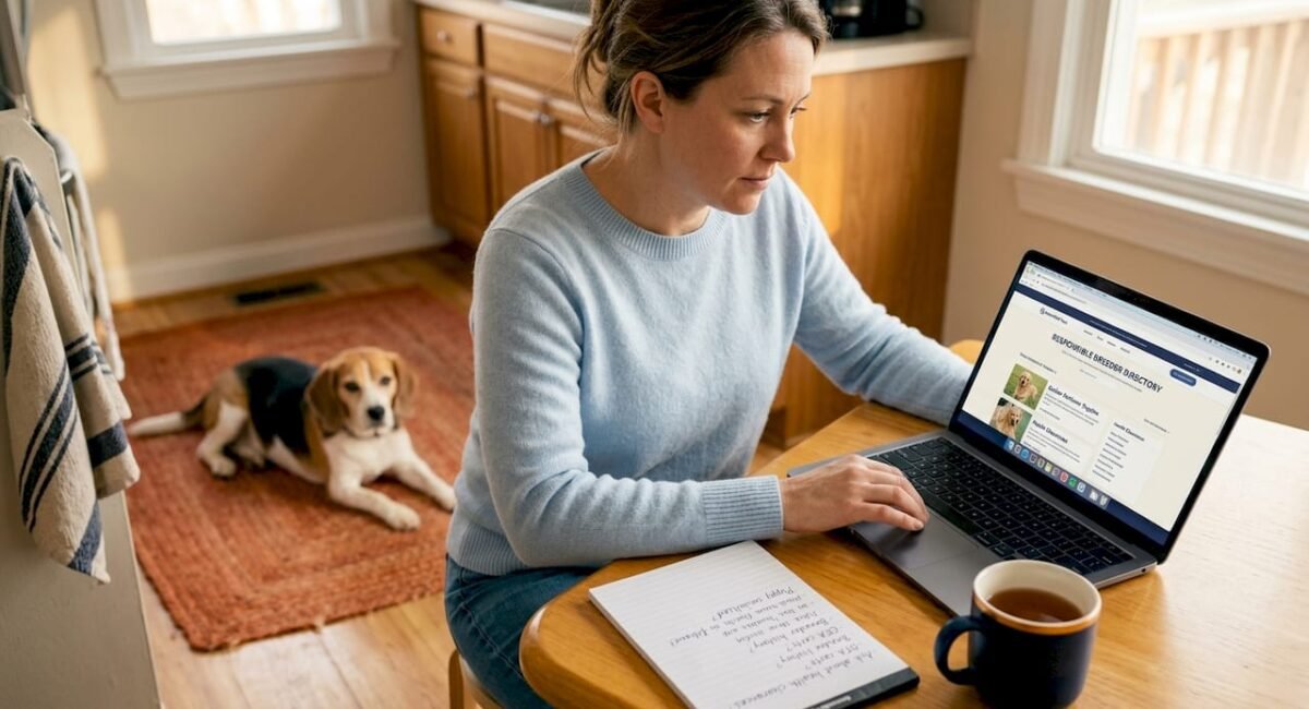 Woman researching breeders at kitchen table