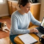 Woman researching breeders at kitchen table