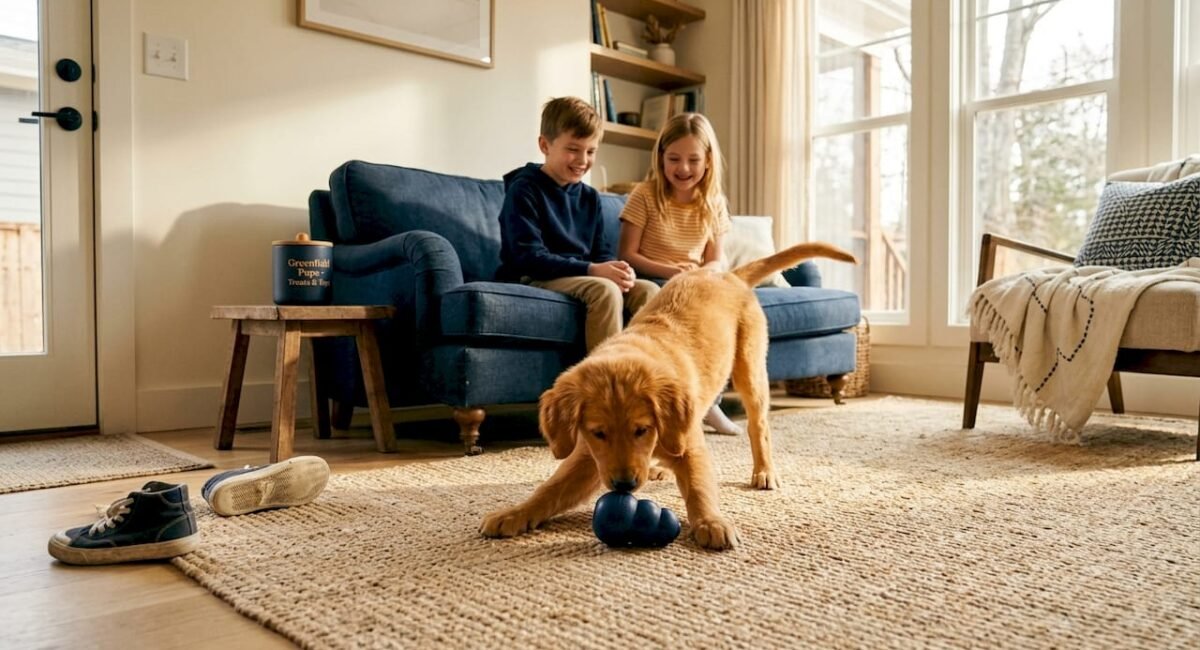 Golden retriever puppy playing in family living room
