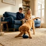 Golden retriever puppy playing in family living room