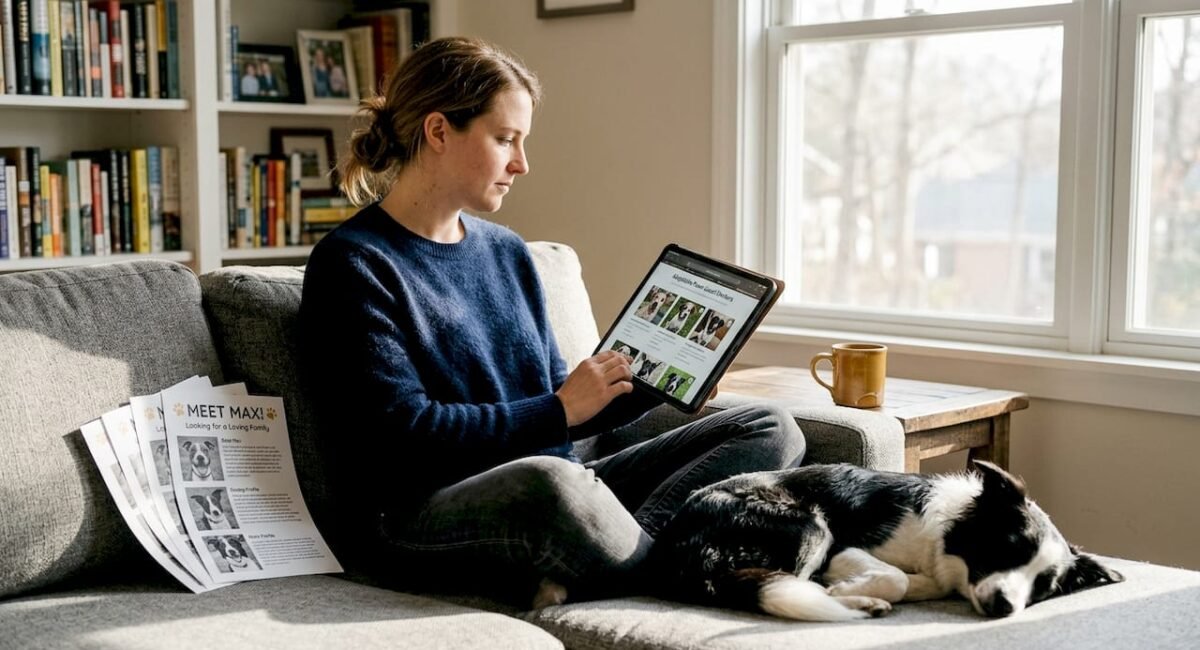 Browsing pet classifieds at home with dog nearby