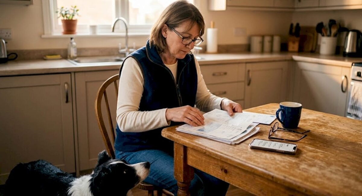 Dog breeder sorting paperwork at kitchen table