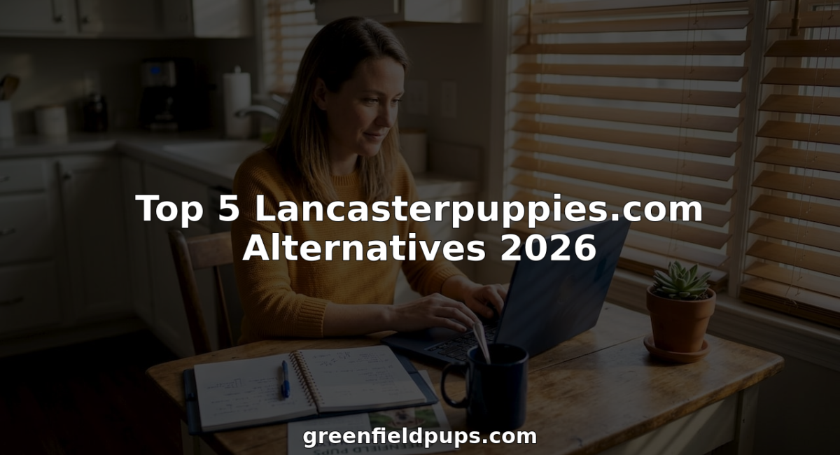 Woman researching puppies on laptop at kitchen table