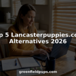 Woman researching puppies on laptop at kitchen table