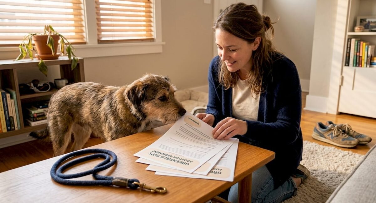 Woman reviewing adoption papers with rescue dog