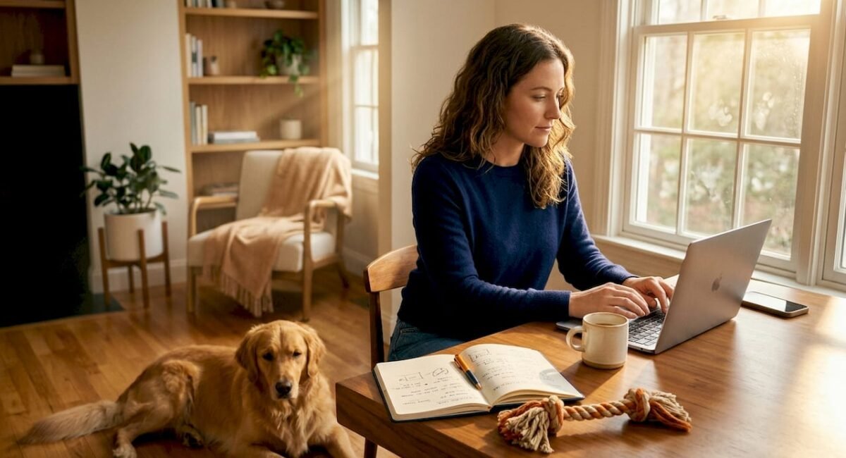 Woman at desk with golden retriever and marketing materials