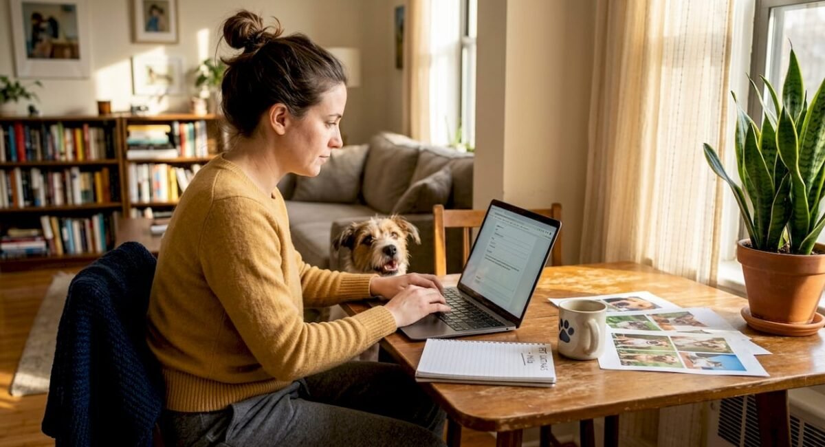 Woman creating pet ad at dining table