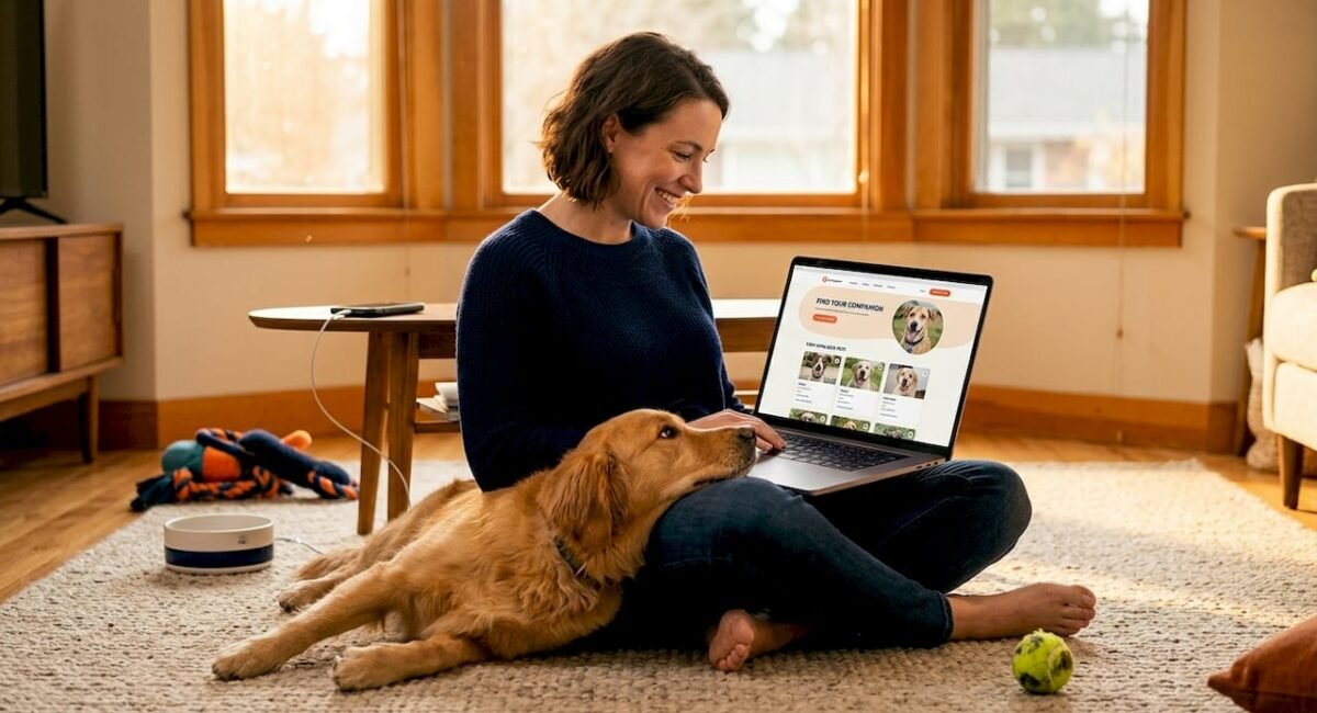 Woman browsing pet adoption site with her dog