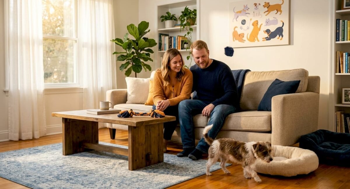 Couple watching new dog explore living room