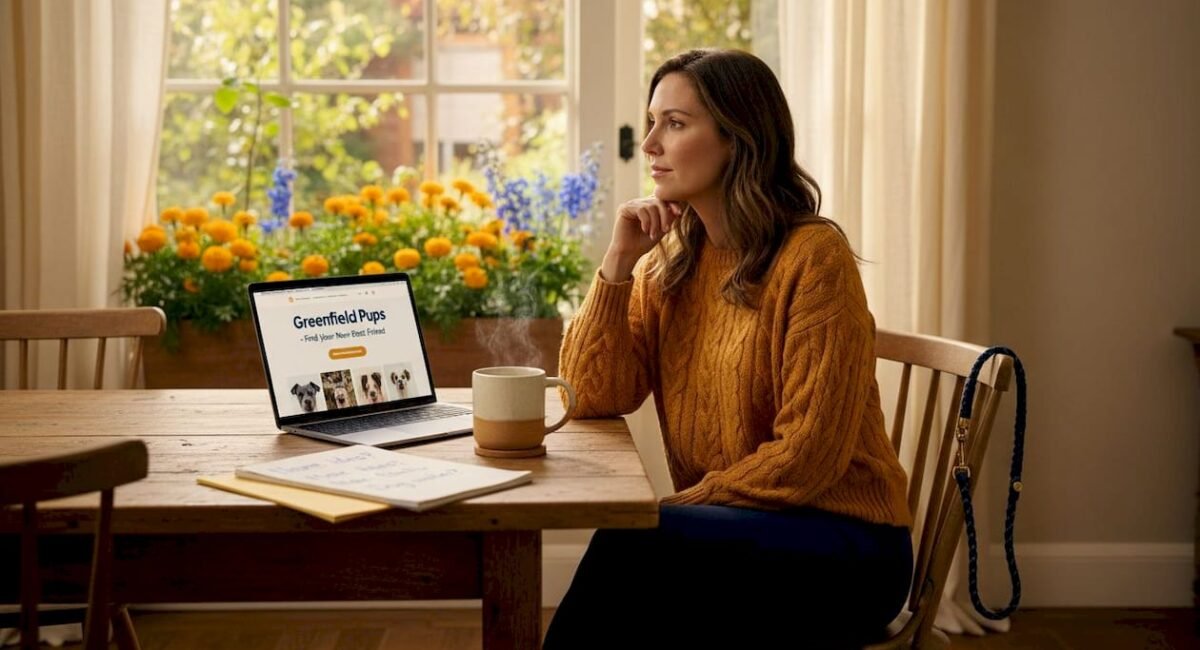 Woman browsing dog adoption marketplace at kitchen table