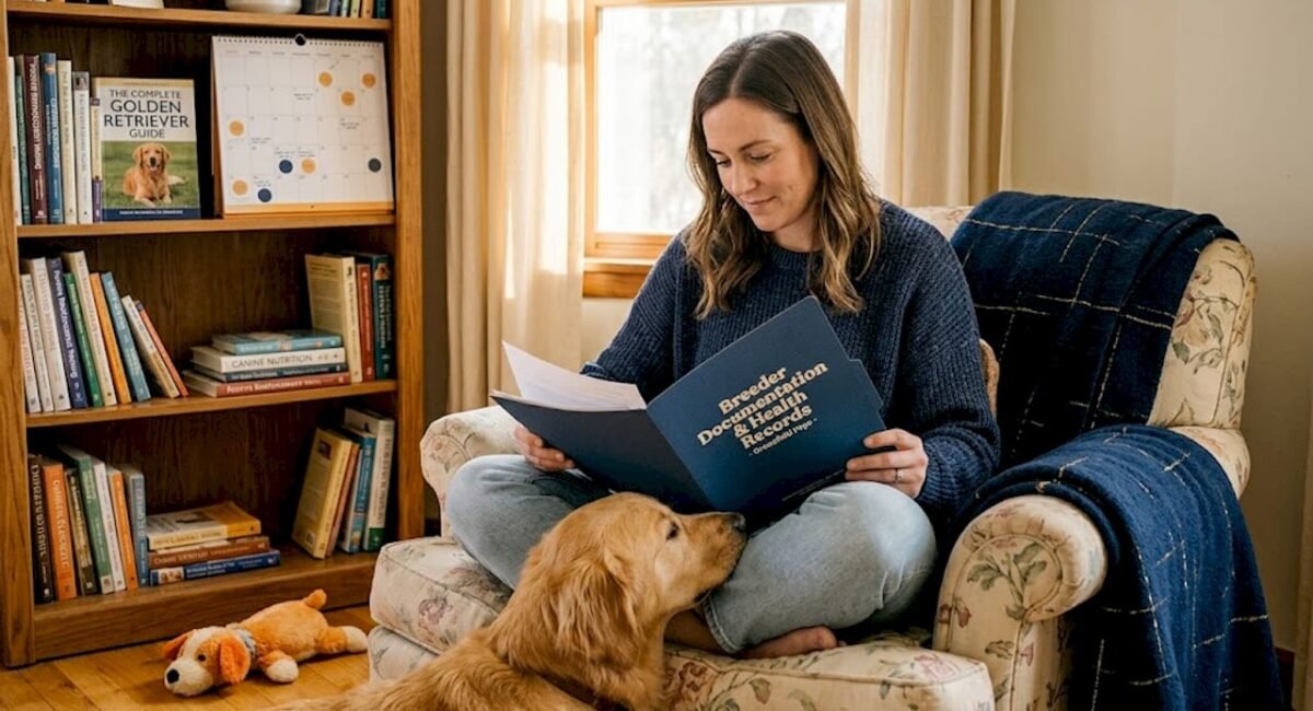 Woman reviewing breeder papers with her dog