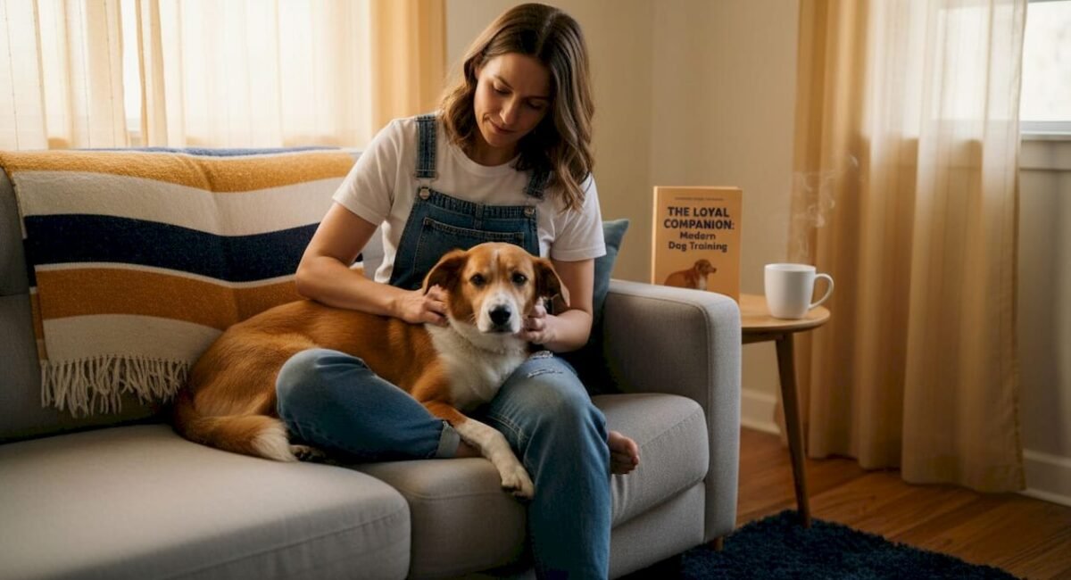 Woman relaxing with adopted dog at home