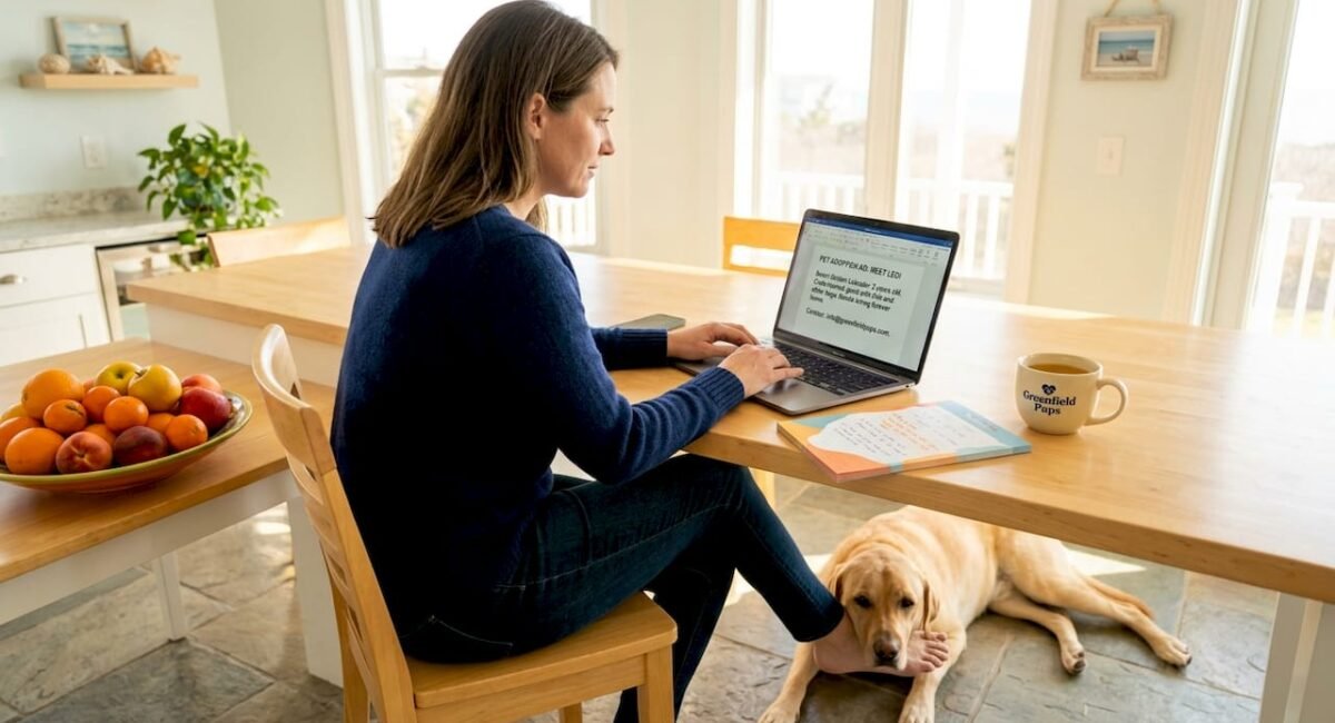 Woman writing pet adoption ad at kitchen table