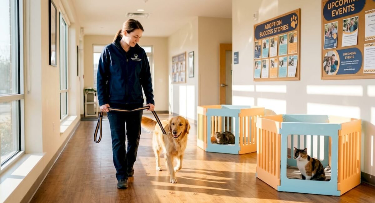 Shelter employee leading dog in adoption lobby