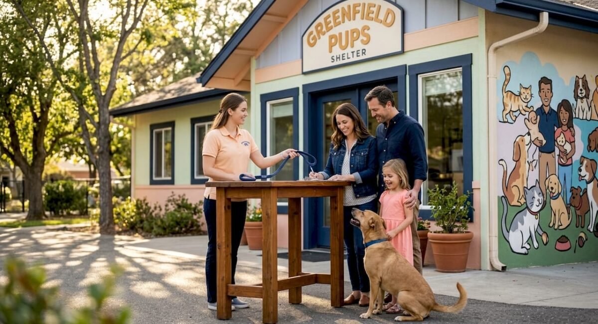 Family adopting dog at animal shelter entrance