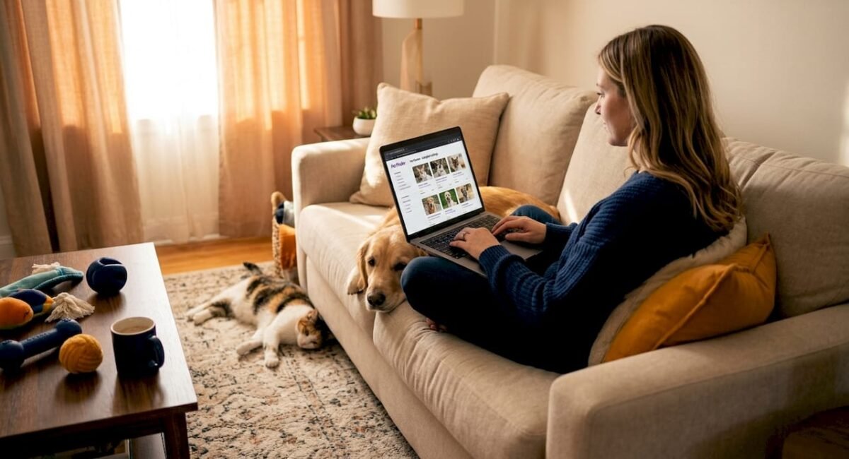 Woman browsing pet ads in cozy living room