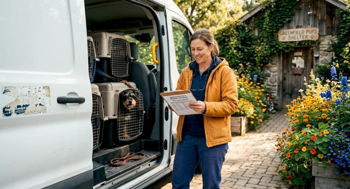 Transport coordinator checks pet route at shelter van