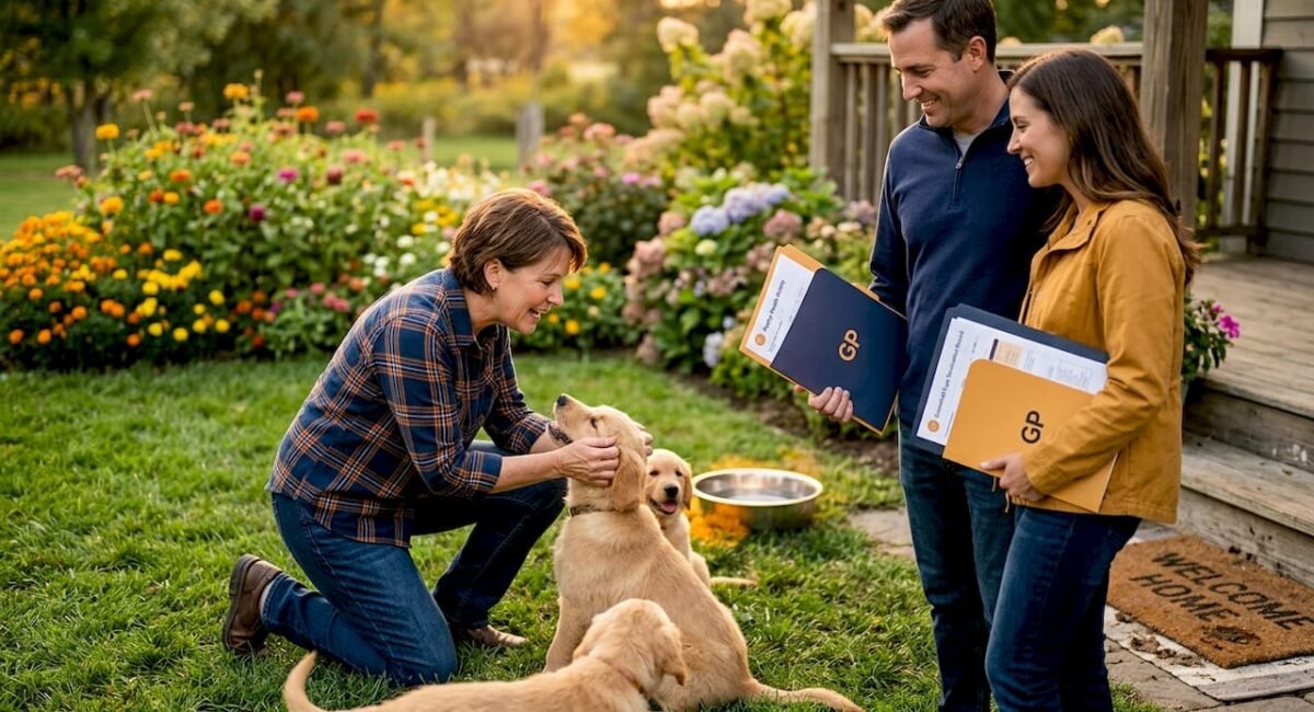 Breeder interacting with puppies and buyers outdoors