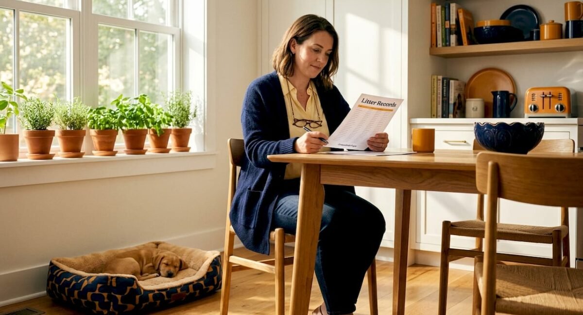 Woman reviews dog litter records at home office desk