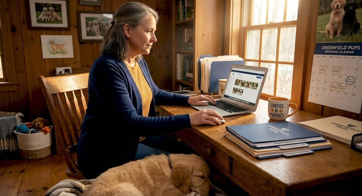 Breeder uploading puppy photos in home office