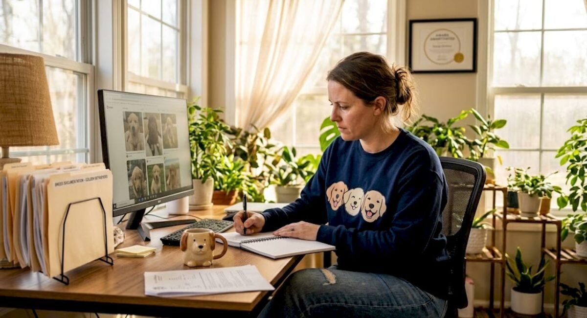 Dog breeder organizing photos at desk