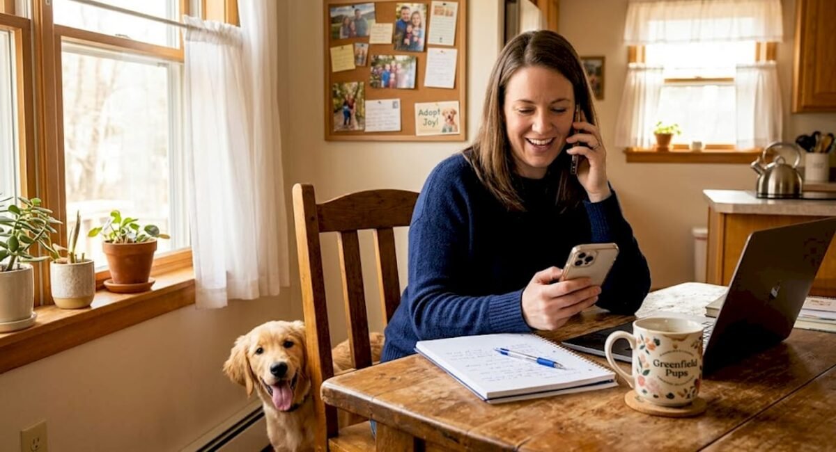 Woman discusses puppy waitlist in cheerful kitchen