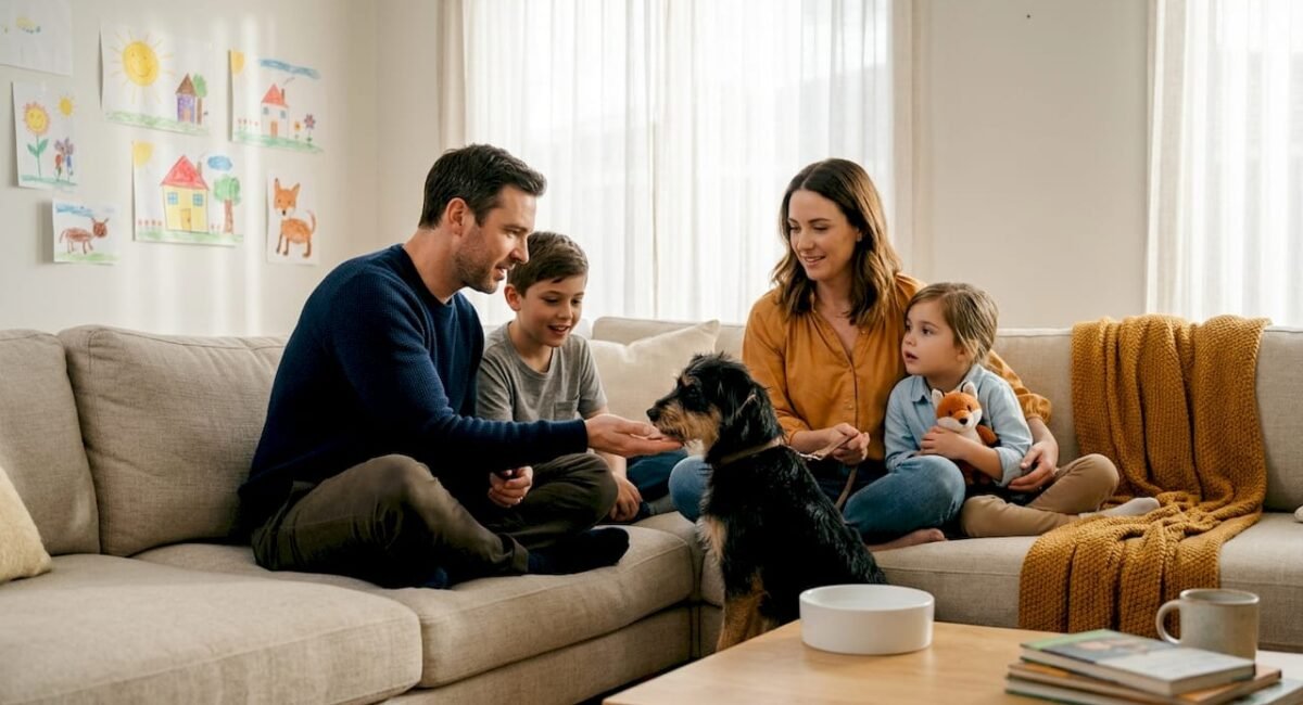 Family welcomes adopted dog in cozy living room