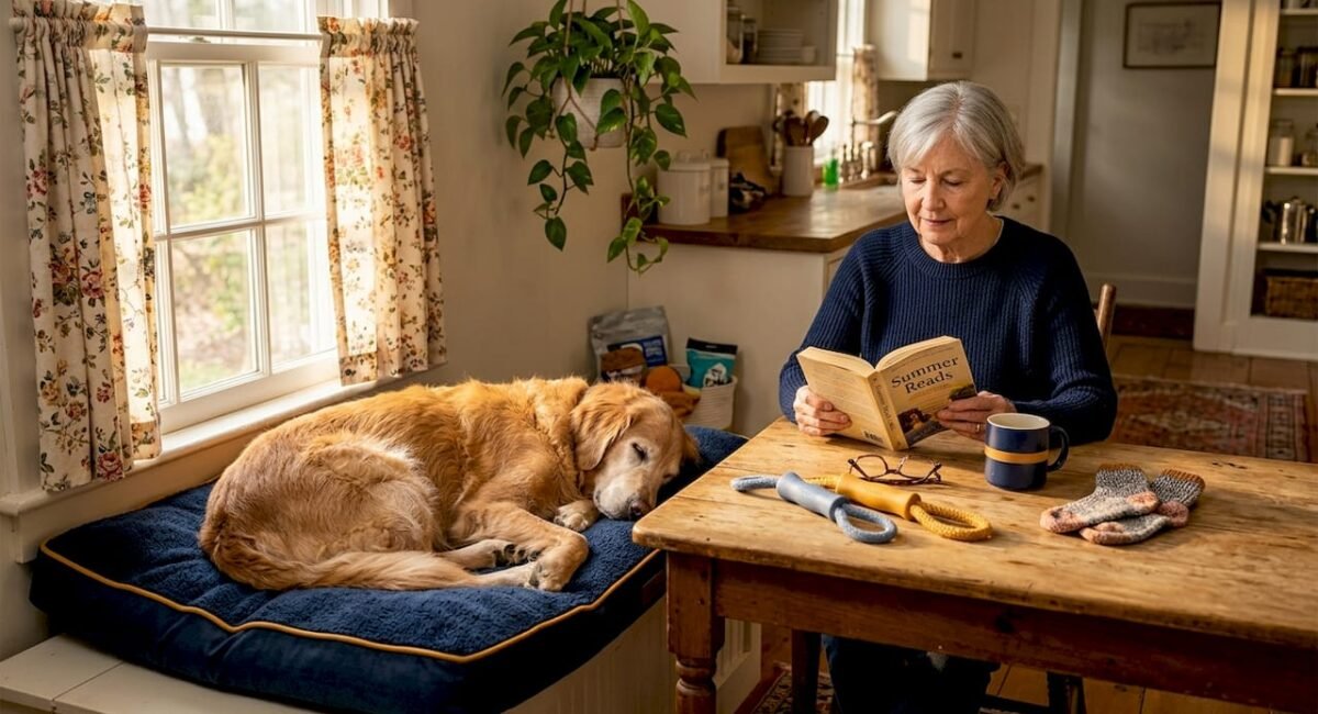 Senior dog relaxing in cozy living room