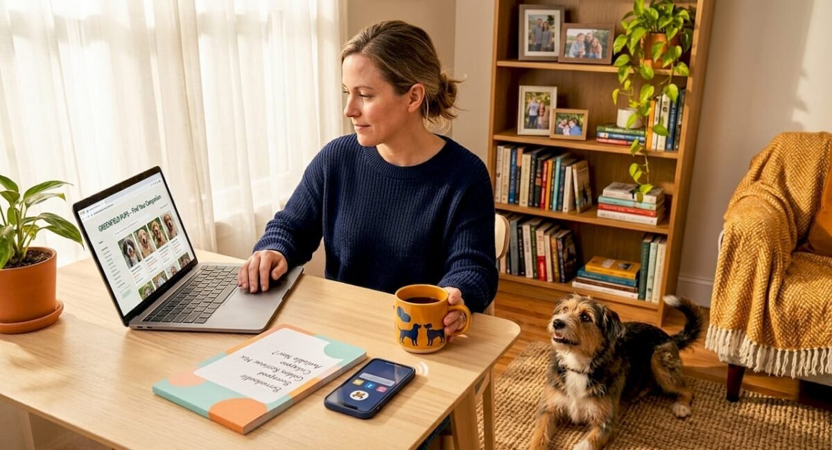 Woman checks pet alerts at kitchen table