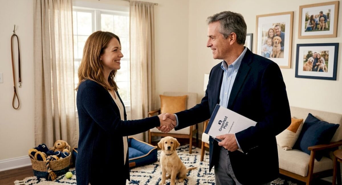 Dog breeder meeting with buyer in kitchen