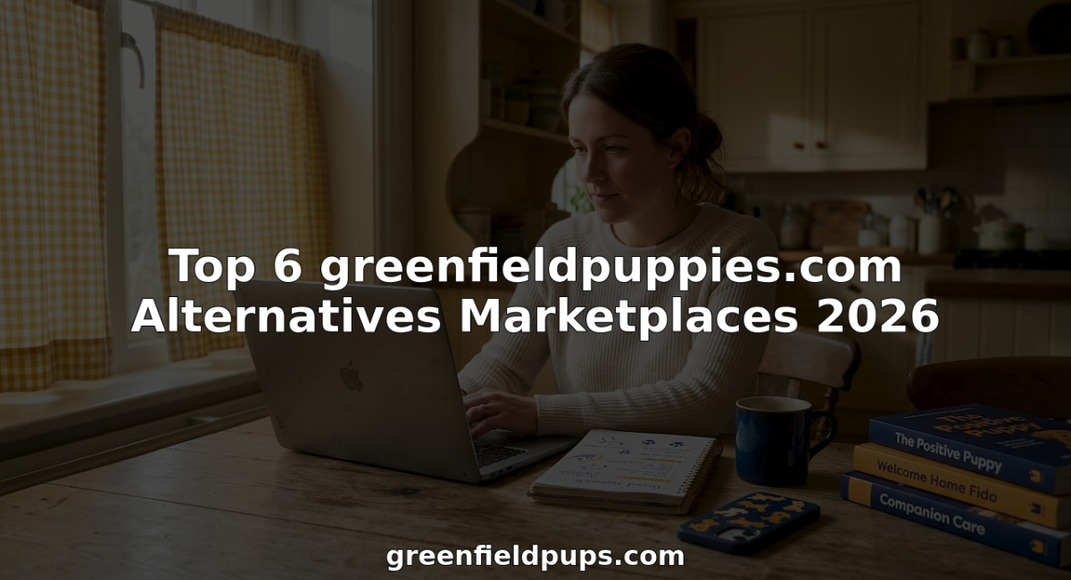 Person searching puppy marketplaces on laptop in kitchen