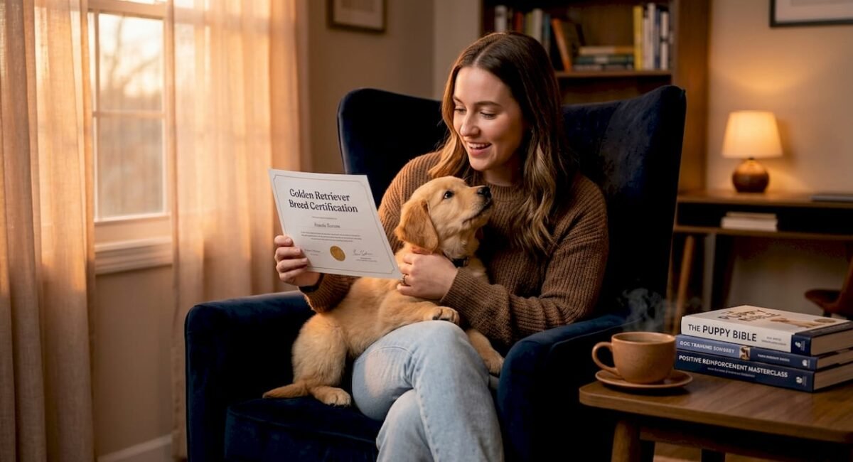 Young woman with puppy and certification document
