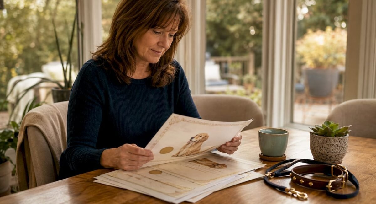 Person reviewing dog pedigree documents