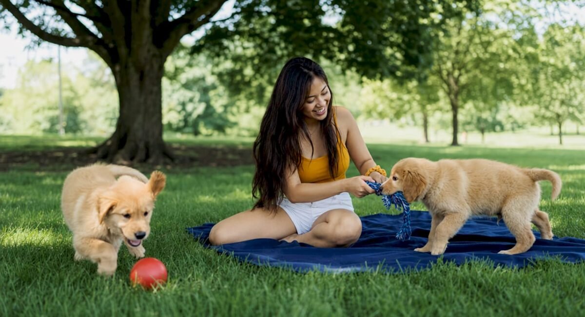 Woman playing with healthy puppies outdoors