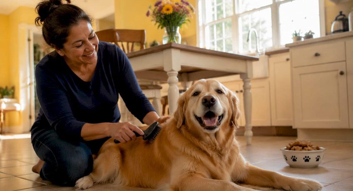 Woman grooming foster dog in living room