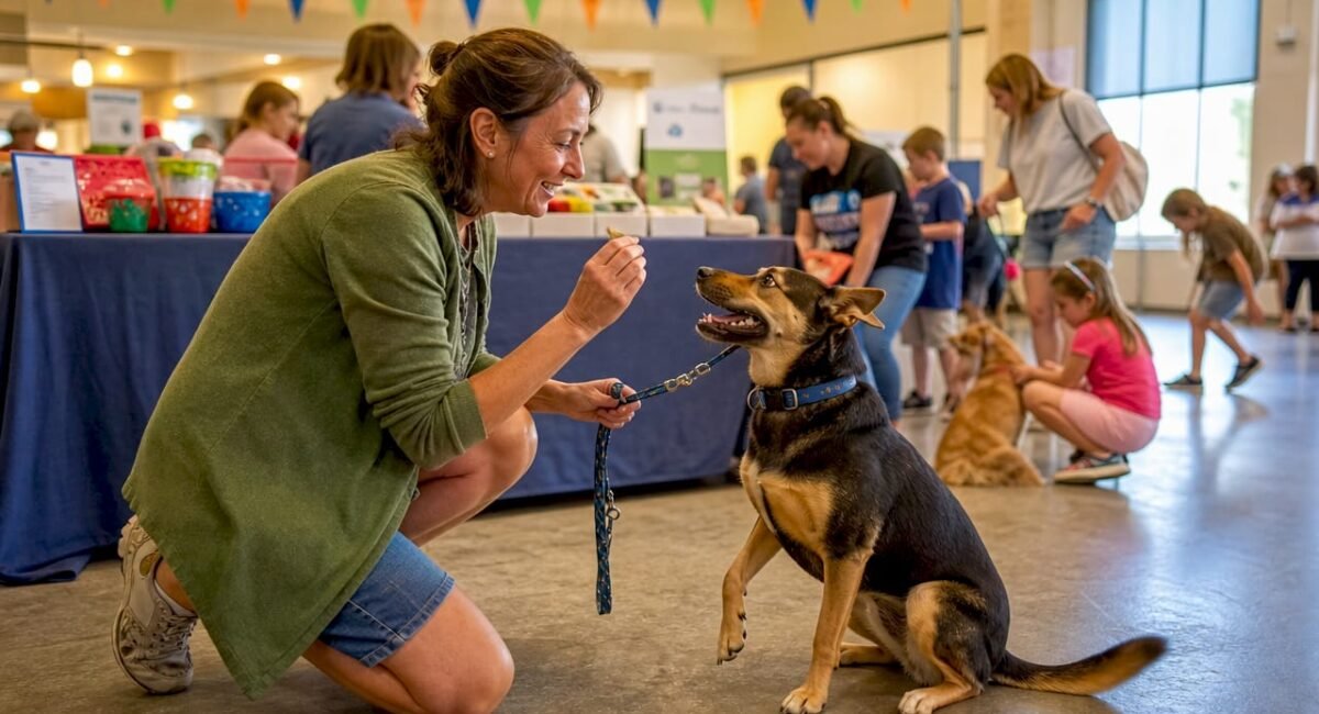 Woman interacting with adoptable dog at outdoor event