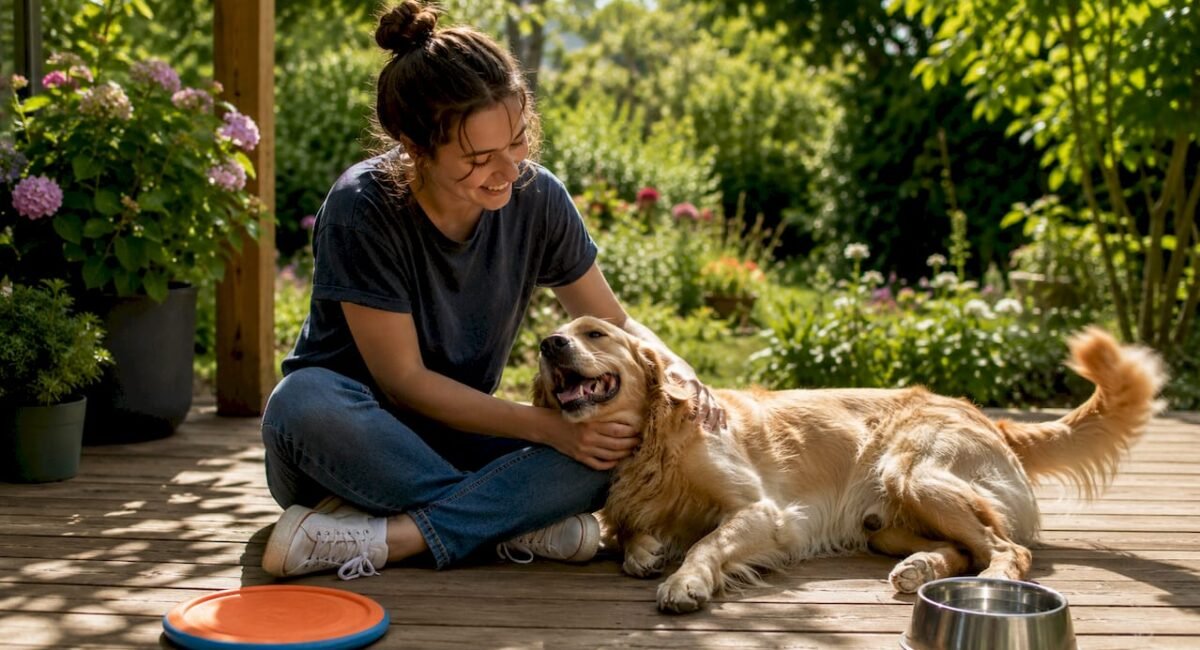 Woman petting happy golden retriever outdoors