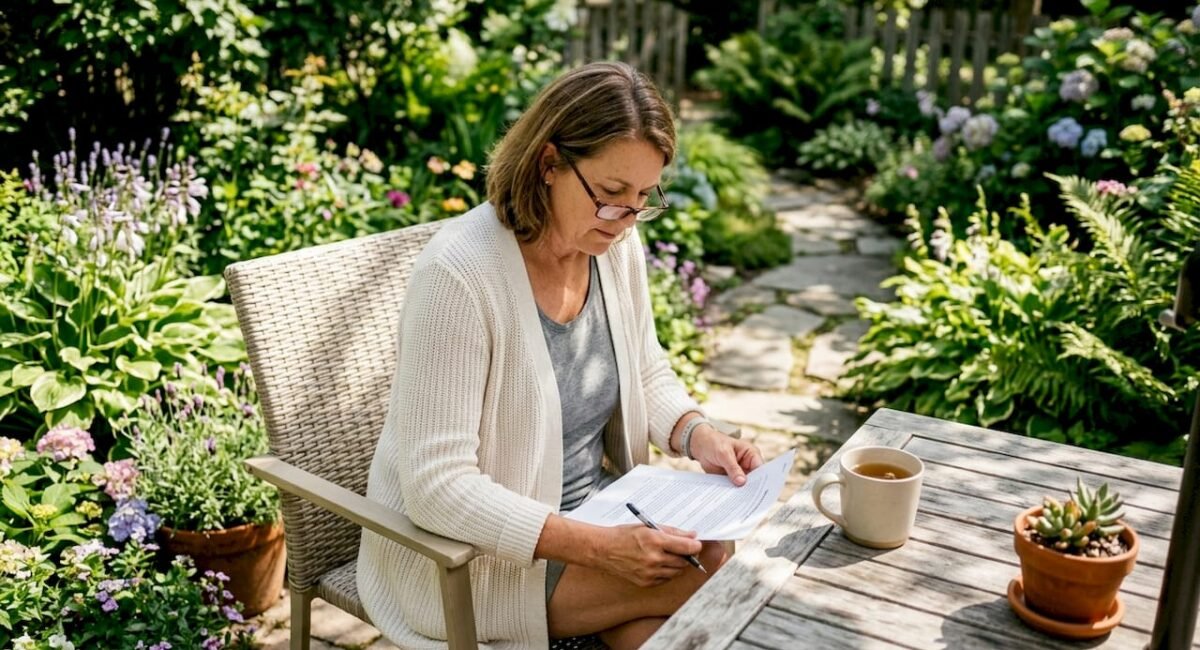 Woman reviewing dog breeder contract papers