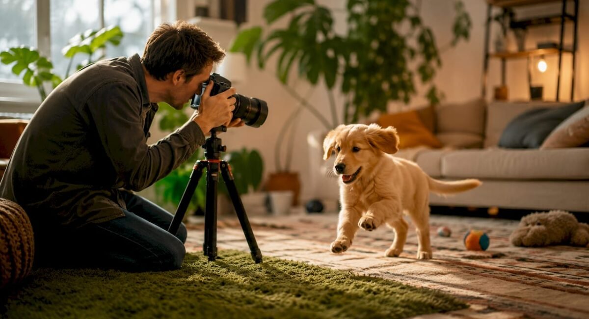 Photographer adjusting camera for puppy studio photo