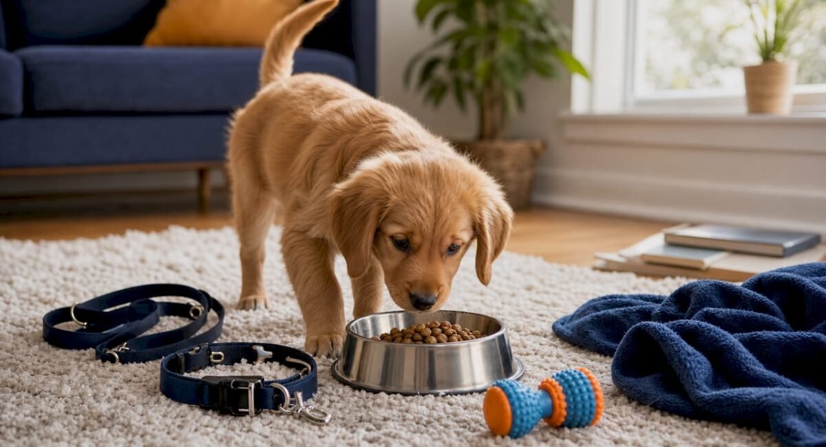 Essential puppy supplies on table with curious puppy
