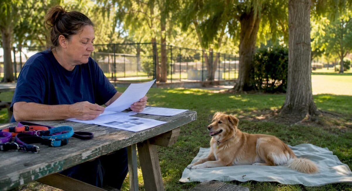 Volunteer reviewing dog adoption paperwork with a resting dog